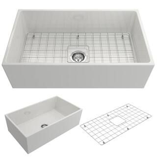 BOCCHI Contempo Farmhouse Apron Front Fireclay 33 in. Single Bowl Kitchen Sink with Bottom Grid a... | The Home Depot