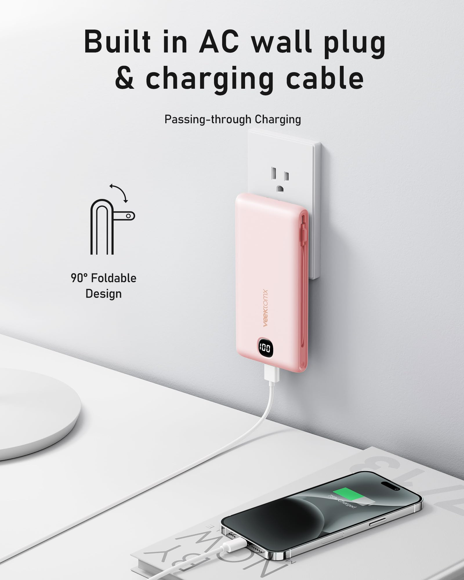 VEEKTOMX Portable Charger with Built in Cables 10000mAh, Power Bank for iPhone with Wall Plug, Tr... | Amazon (US)