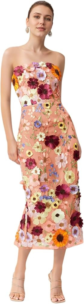 3D Floral Embroidery Prom Dresses for Women Long Strapless Flower Appliques Tulle Formal Evening ... | Amazon (US)