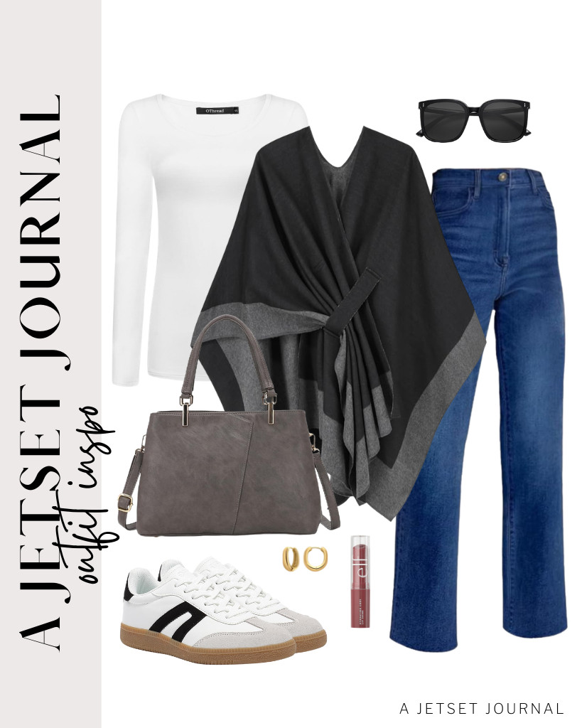 Wear this black-and-gray shawl wrap poncho over your white top and trendy jeans. This looks good with a top-handle bag and Retro Fashion Sneakers. 

 #LTKSeasonal #LTKSaleAlert #LTKTravel
