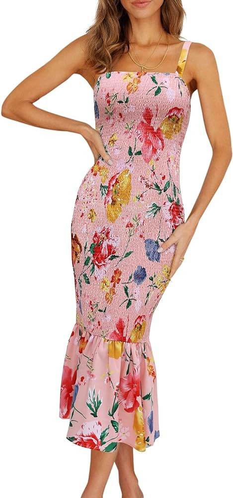PRETTYGARDEN Women's Summer Floral Midi Tank Dress Sleeveless Strappy Ruffle Hem Smocked Bodycon ... | Amazon (US)