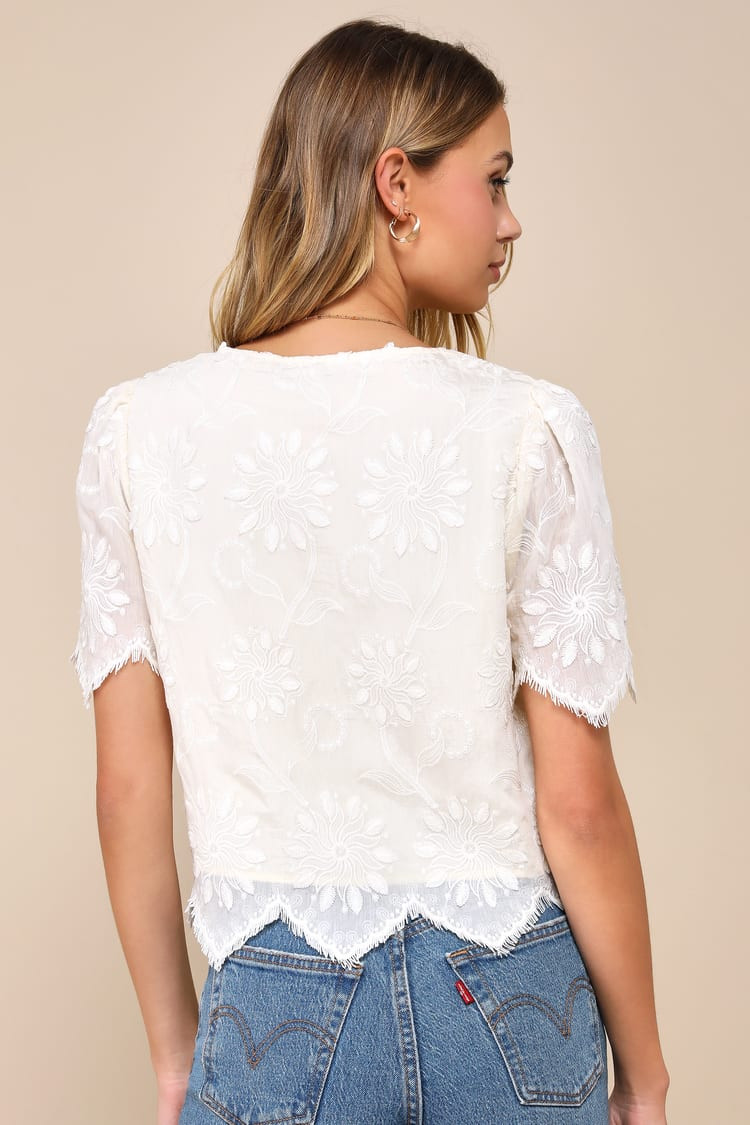 Vintage Aesthetic Ivory Embroidered Tie-Front Fringe Hem Top | Lulus
