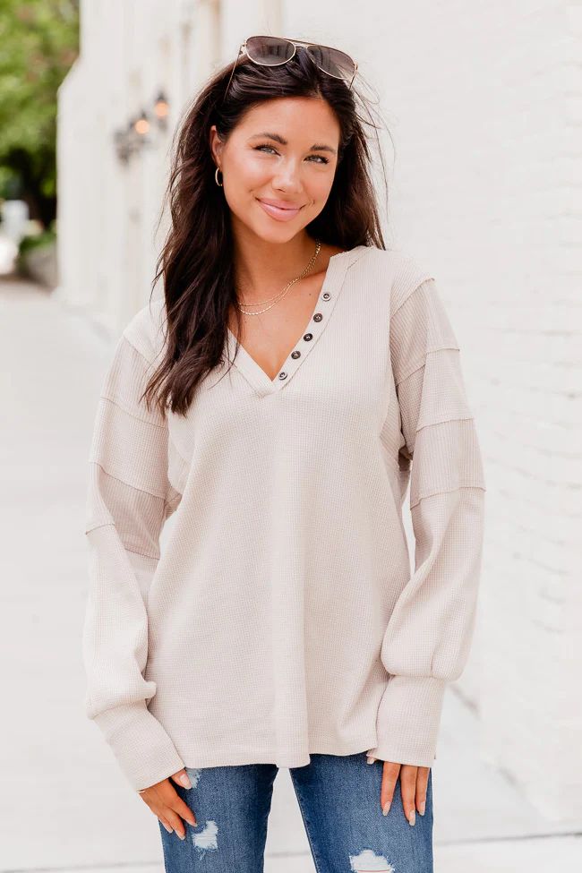 In Full Support Tan Henley Waffle Knit Blouse | Pink Lily