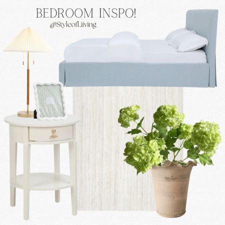 Bedroom inspiration! Blue upholstered bed frame, one drawer nightstand side table, florals, vase, scalloped picture frame, table lamp, white woven area rug.

#LTKFamily #LTKHome #LTKStyleTip