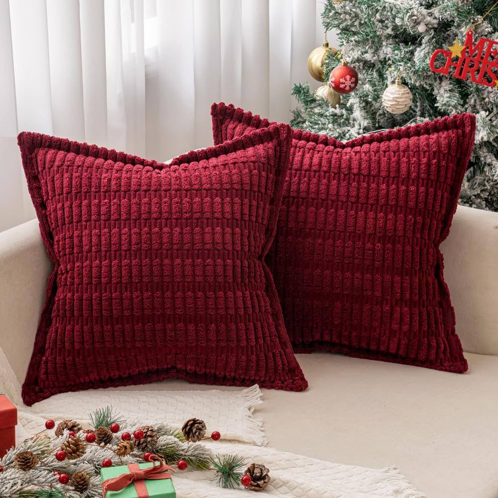 MIULEE Burgundy Corduroy Decorative Throw Pillow Covers Pack of 2 Soft Striped Pillows Pillowcase... | Amazon (US)