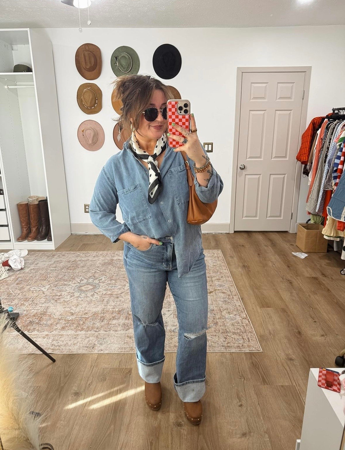 Denim on denim outfit inspo! denim light weight chambray top wearing medium. Judy Blue denim jeans are my FAV!! wearing my TTS, if inbetween sizes, size down! chunky clogs & polka dot neck scarf!

#LTKMidsize #LTKootd #LTKSeasonal