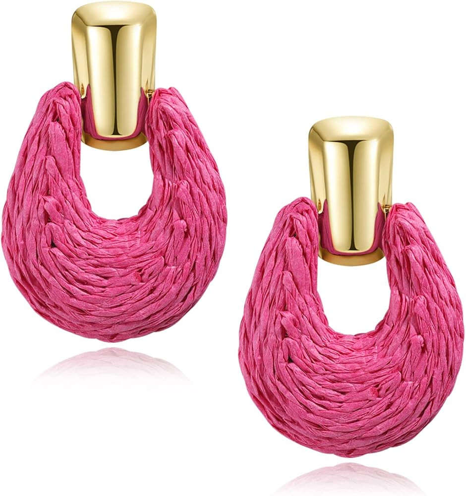 Statement Oval Raffia Earrings Boho Rattan Raffia Drop Dangle for Women Lightweight Straw Wicker ... | Amazon (US)