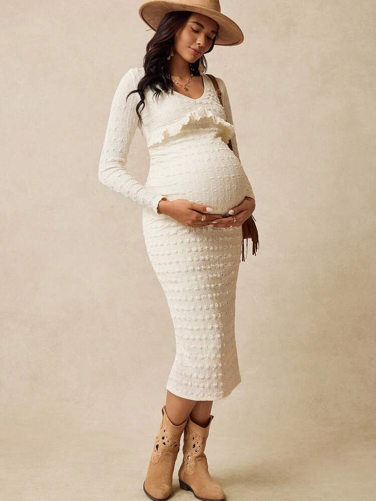 Boho Mama Maternity Solid Color V-Neck Ruffle Trim Fitted Knit Dress Maternity Dress For Photoshoot Beige Maternity Dress Baby Shower Maternity Dress Maternity Photoshoot Dress White Maternity Dress Boho Pregnancy Clothing Winter Dress Women Elegant Dresses For Women Wedding Guest Dress For Women | SHEIN