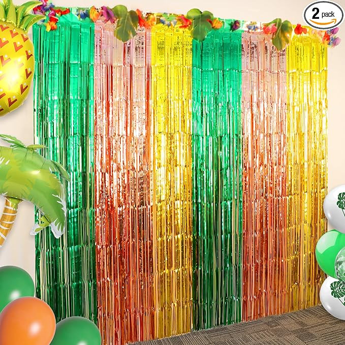 Hawaiian Luau Party Foil Fringe Curtains, Hawaiian Luau Party Decorations 2 Packs of 3.3x6.6 Ft G... | Amazon (US)