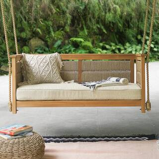Cambridge Casual Blaine Teak Wood Porch Swing with Tan Cushion | The Home Depot