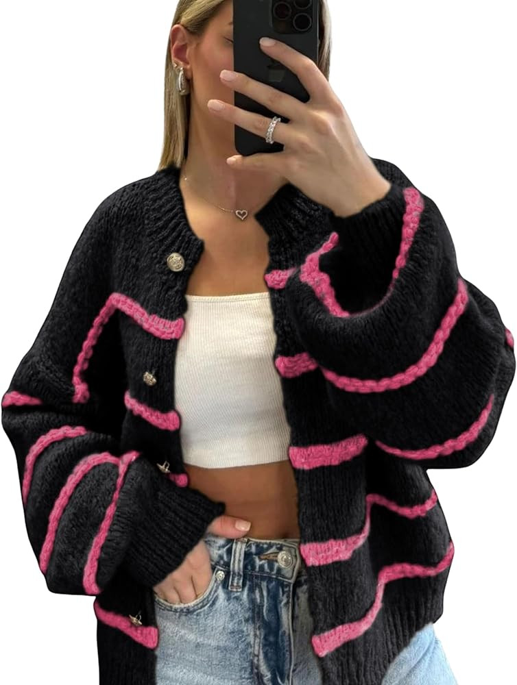 QIBABU Womens Striped Cardigan Sweaters Casual Open Front Long Sleeve Button Down Knit Outwear | Amazon (US)