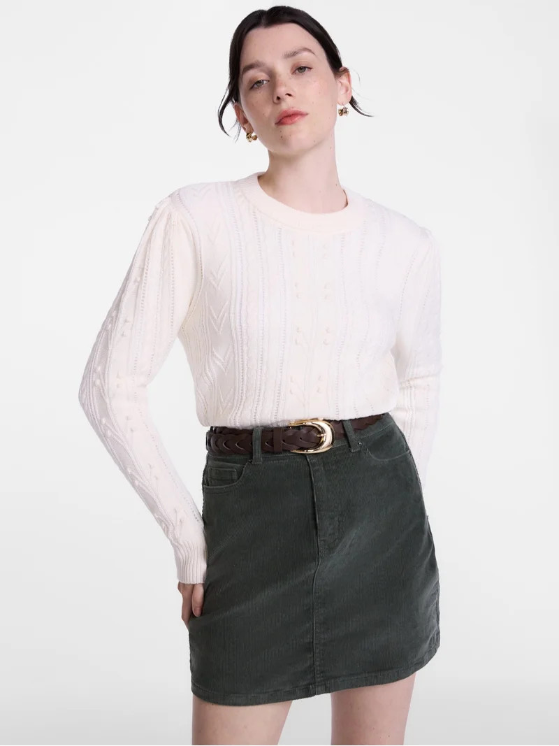 Scenario Women's Pointelle Sweater with Long Puff Sleeves, Lightweight, Sizes XS-XXXL | Walmart (US)