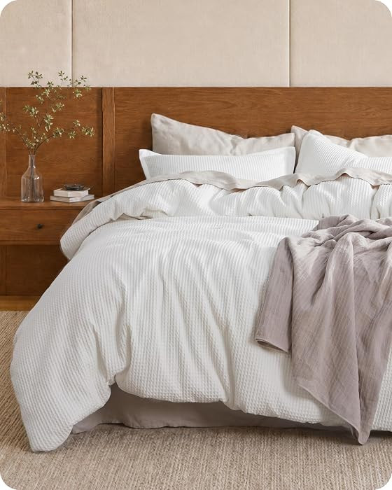 Bedsure PureWoven 3 Pieces 100% Cotton Waffle Duvet Cover Set, Queen, White | Amazon (US)