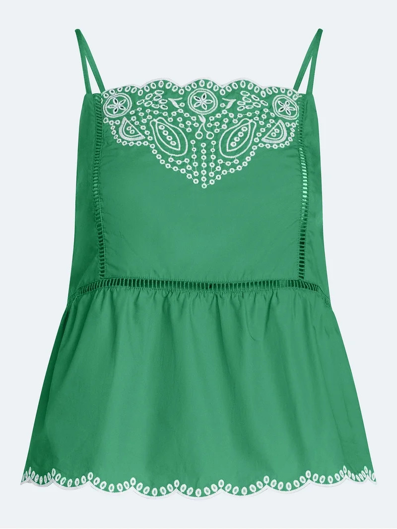 Free Assembly Women's Embroidered Cotton Tank Top with Peplum Hem, Sizes XS-XXL | Walmart (US)