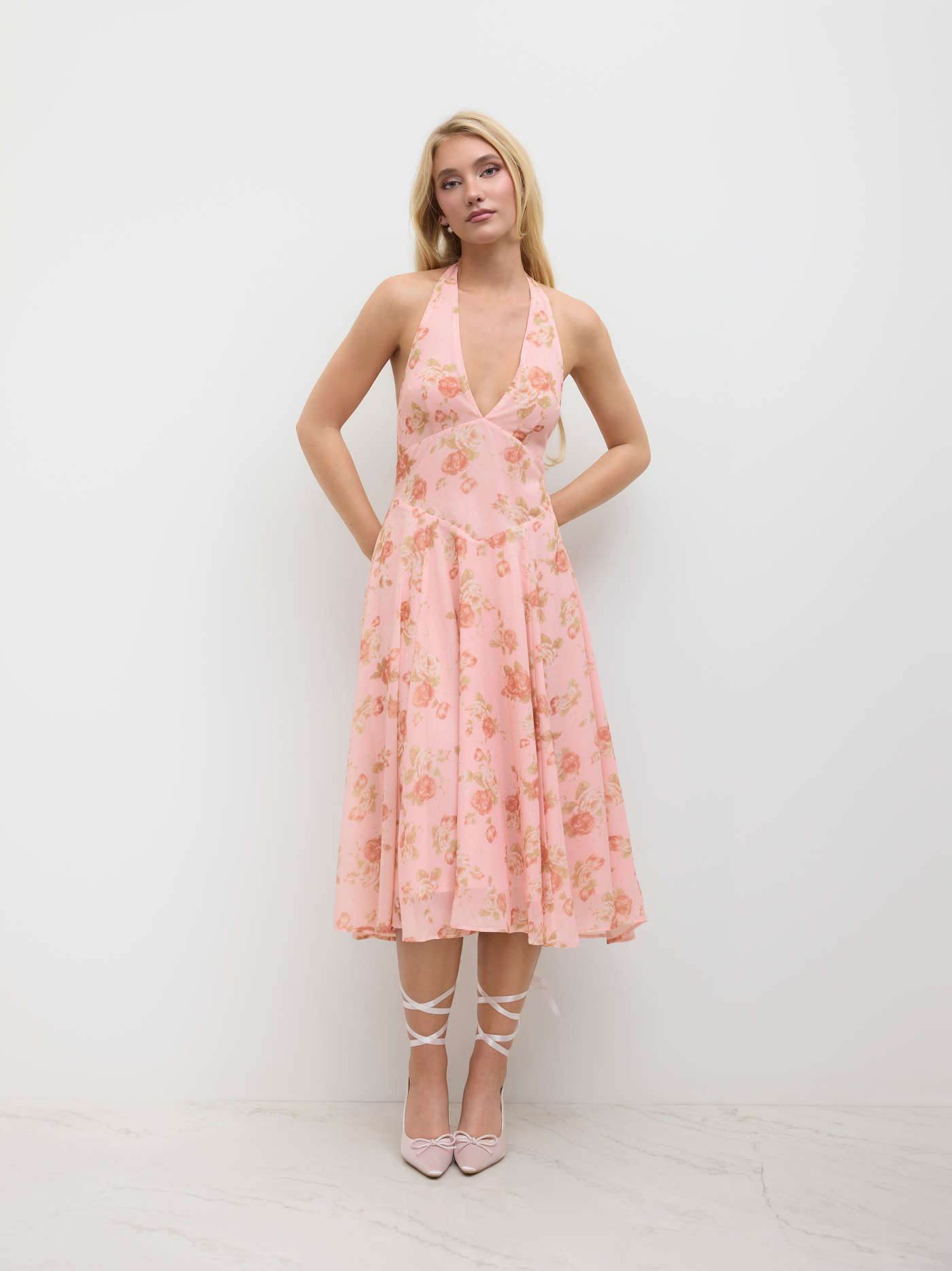 Wedding Wedding Guest Dress wedding guest wedding Mesh Mesh Halter Neckline Floral Ruffle Midi Dr... | Cider