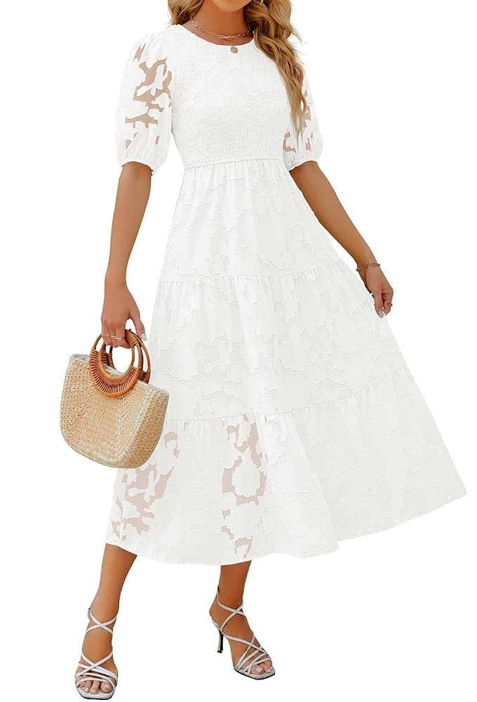 ZESICA Women's 2025 Summer Short Puff Sleeve Crewneck Smocked Floral Lace Flowy A Line Tiered Max... | Amazon (US)