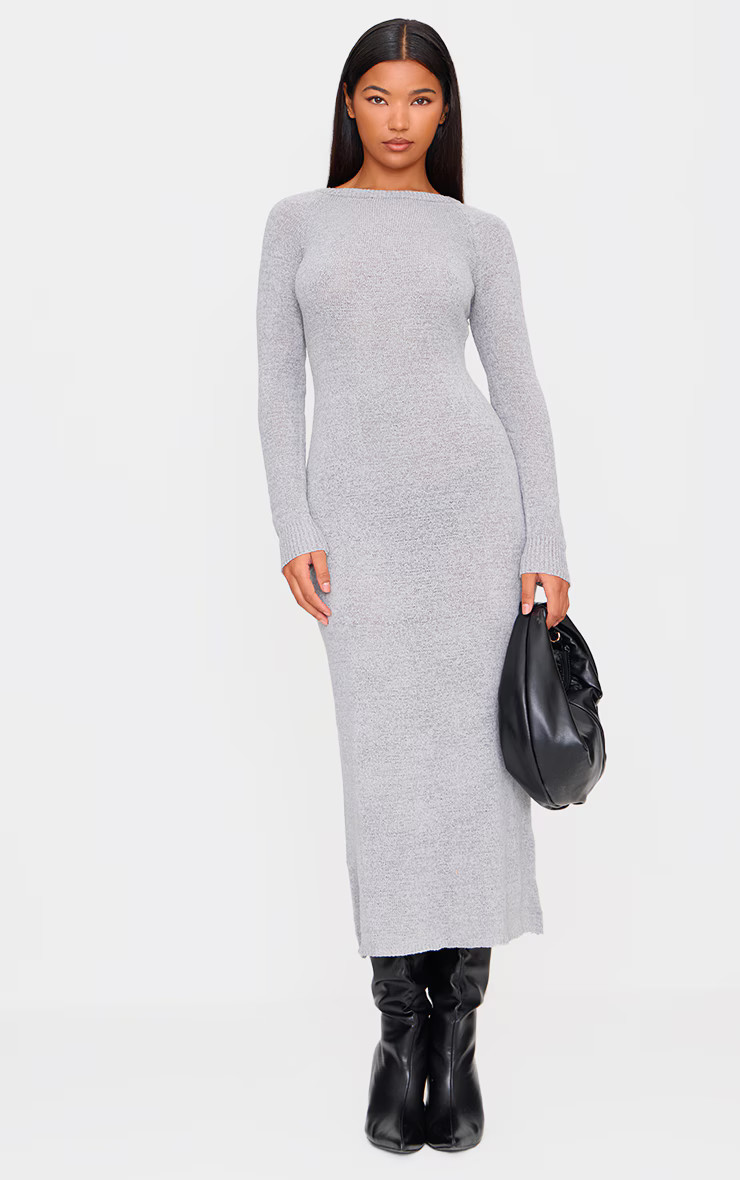 Light Grey Bobble Knit Long Sleeve Maxi Dress | PrettyLittleThing US