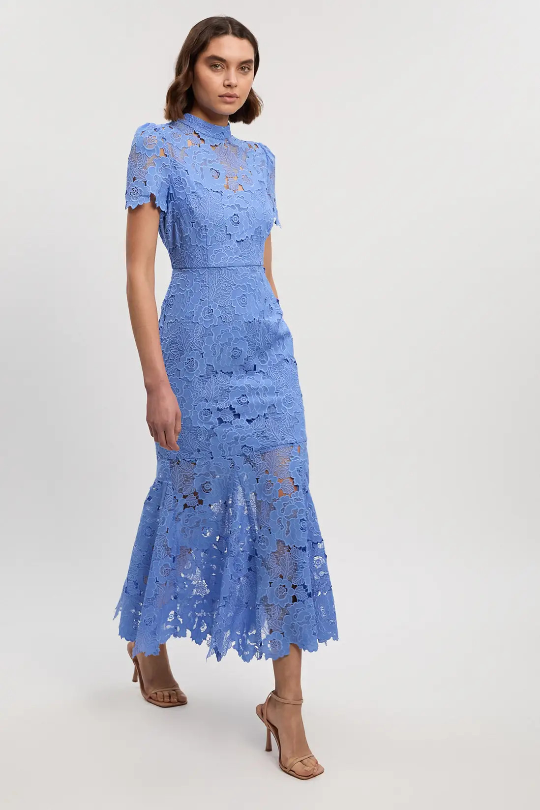 Dresses | Guipure Lace High Neck Woven Midi Dress | KarenMillen | Karen Millen UK + IE + DE + NL