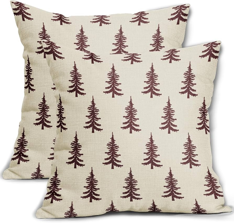 Christmas Tree Pillow Covers 18x18 Set of 2 Burgundy Xmas Rustic Style Winter Print Decorative Ou... | Amazon (US)