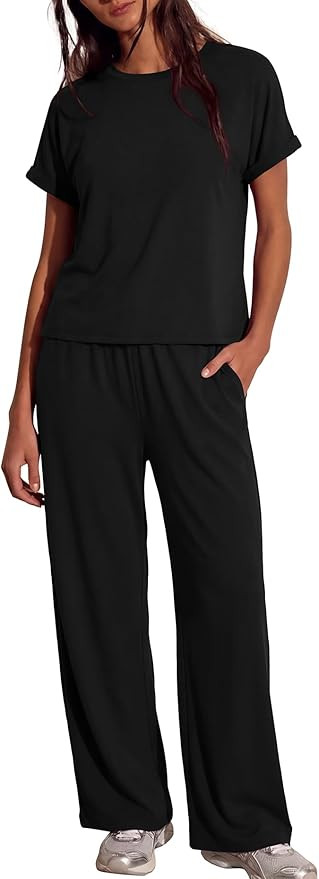 Darong Womens Lounge Set 2 Piece Outfits Casual Loose Fit Short Sleeve Tops and Wide Leg Pants Tr... | Amazon (US)