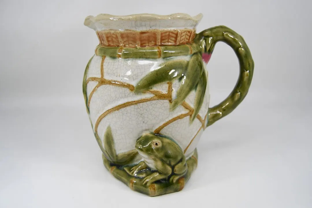 Majolica Style Water Pitcher Frog Lily Pad Bamboo Crackle Glaze Pottery Signed - Etsy | Etsy (US)