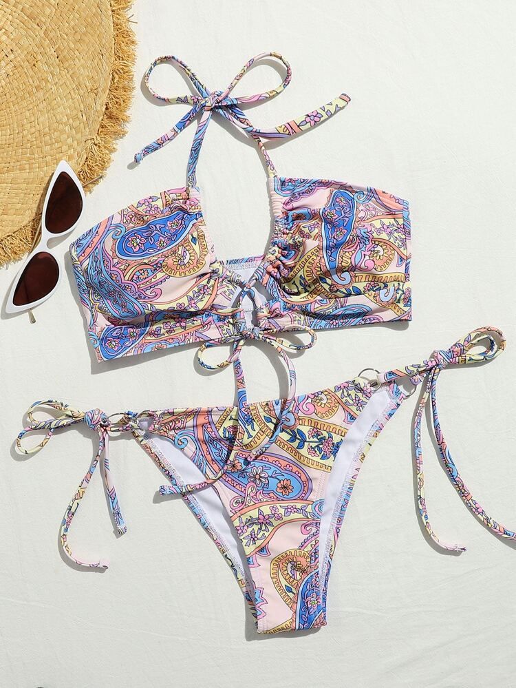 Paisley Knot Front Tie Side Bikini Swimsuit | SHEIN