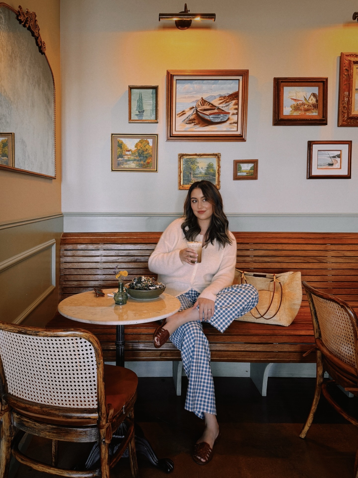 cozy knit, blue gingham pants, woven bag 💙 

#LTKTall #LTKmomlife #LTKootd