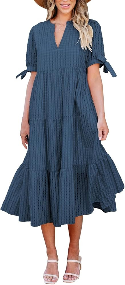 Theenkoln Womens Casual Midi Dress: Short Sleeve V-Neck Empire Waist Gingham Spring Fashion Long ... | Amazon (US)