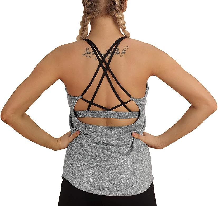 icyzone Workout Tank Tops Built in Bra - Women's Strappy Athletic Yoga Tops, Running Exercise Gym... | Amazon (US)