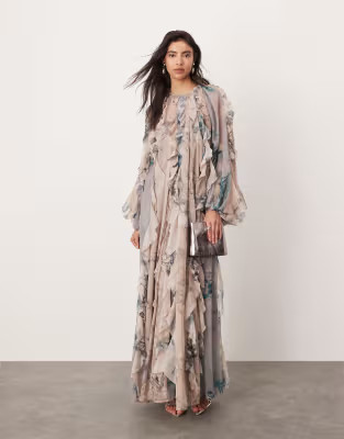 ASOS EDITION chiffon raw edge ruffle maxi dress with balloon sleeve in mixed floral print | ASOS (Global)