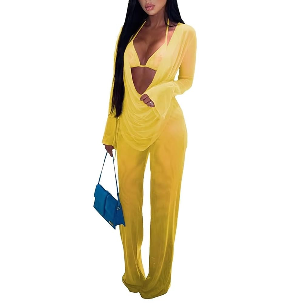 EDITCOZY Women Mesh Sheer 3pcs Outfits Long Sleeve Top Long Pant Bikini Cover Up | Amazon (US)