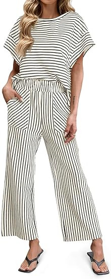 Tankaneo Womens Striped 2 Piece Sets Short Sleeve T Shirts Wide Leg Pants Matching Lounge Set wit... | Amazon (US)