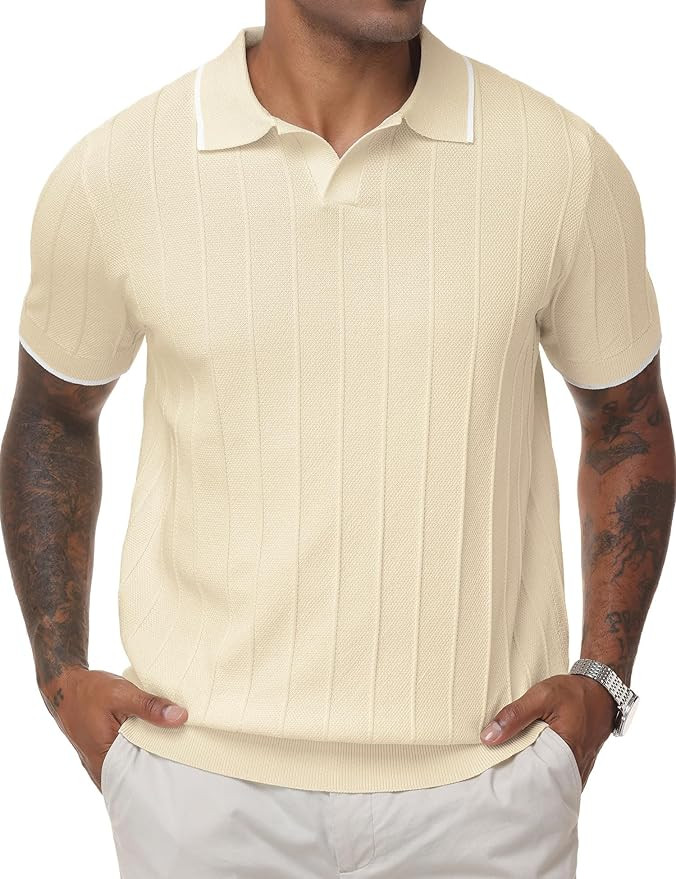 Mens Polo Shirts Ribbed Hollow Knit Polo Shirt Short Sleeve Muscle V Neck Golf Tees | Amazon (US)