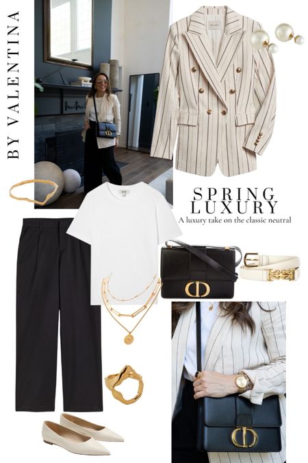 Last April Favourites, Warmer Weather Outfits, Spring Summer Outfit Inspiration, Striped Blazer, Black Trousers, Gold Jewellery, White T-shirt 
