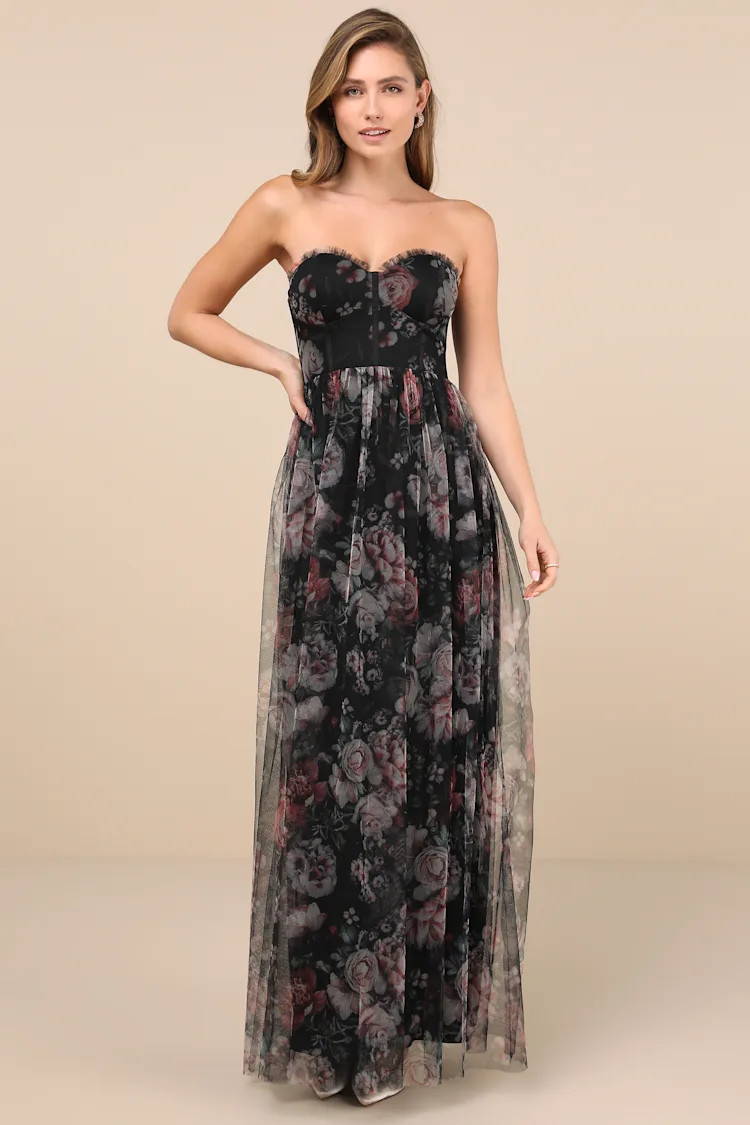 Stately Entrance Black Floral Mesh Strapless Maxi Dress | Lulus