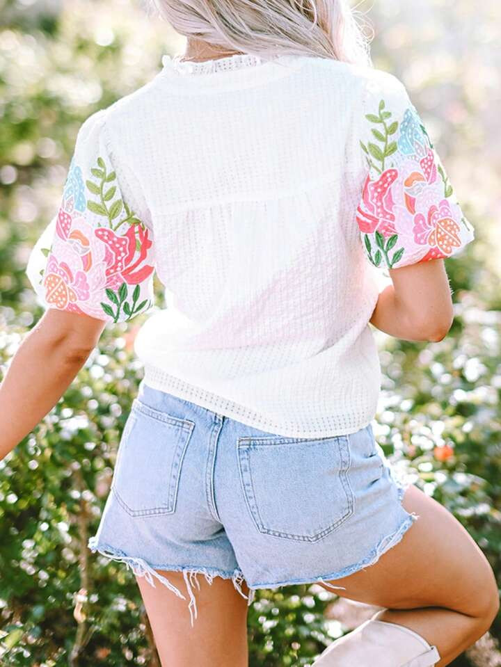 Floral Embroidered Puff Sleeve Notched Neck Blouse | SHEIN