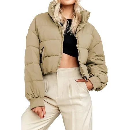 QWZNDZGR Women s Winter Cropped Puffer Jacket Oversized Zip-Up Quilted Puffy Short Down Coat | Walmart (US)