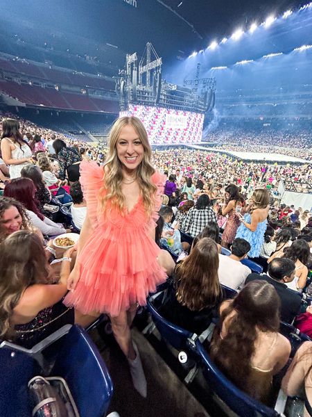 Taylor swift eras tour outfit, lover outfit, hot pink tulle v neck mini dress, white point boots, delicate gold jewelry - wearing a size small dress 

#LTKFind #LTKunder100 #LTKFestival