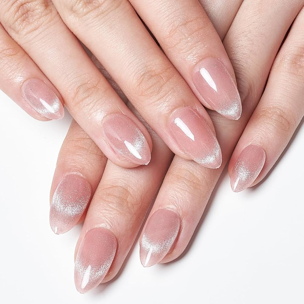 GLAMERMAID Cat Eyes French Tip Press on Nails Short Almond, Nude Pink Handmade Magnet Jelly Gel F... | Amazon (US)