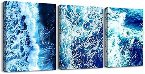 3 piece Framed Canvas Wall Art painting for Living Room abstract Blue ocean waves Wall decor for Bed | Amazon (US)