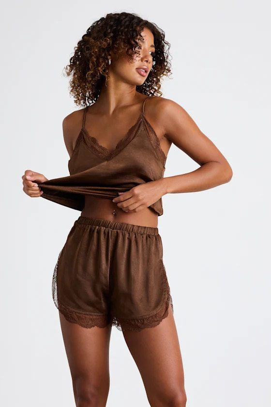Sweet Nights Brown Satin Lace Two-Piece Pajama Set | Lulus