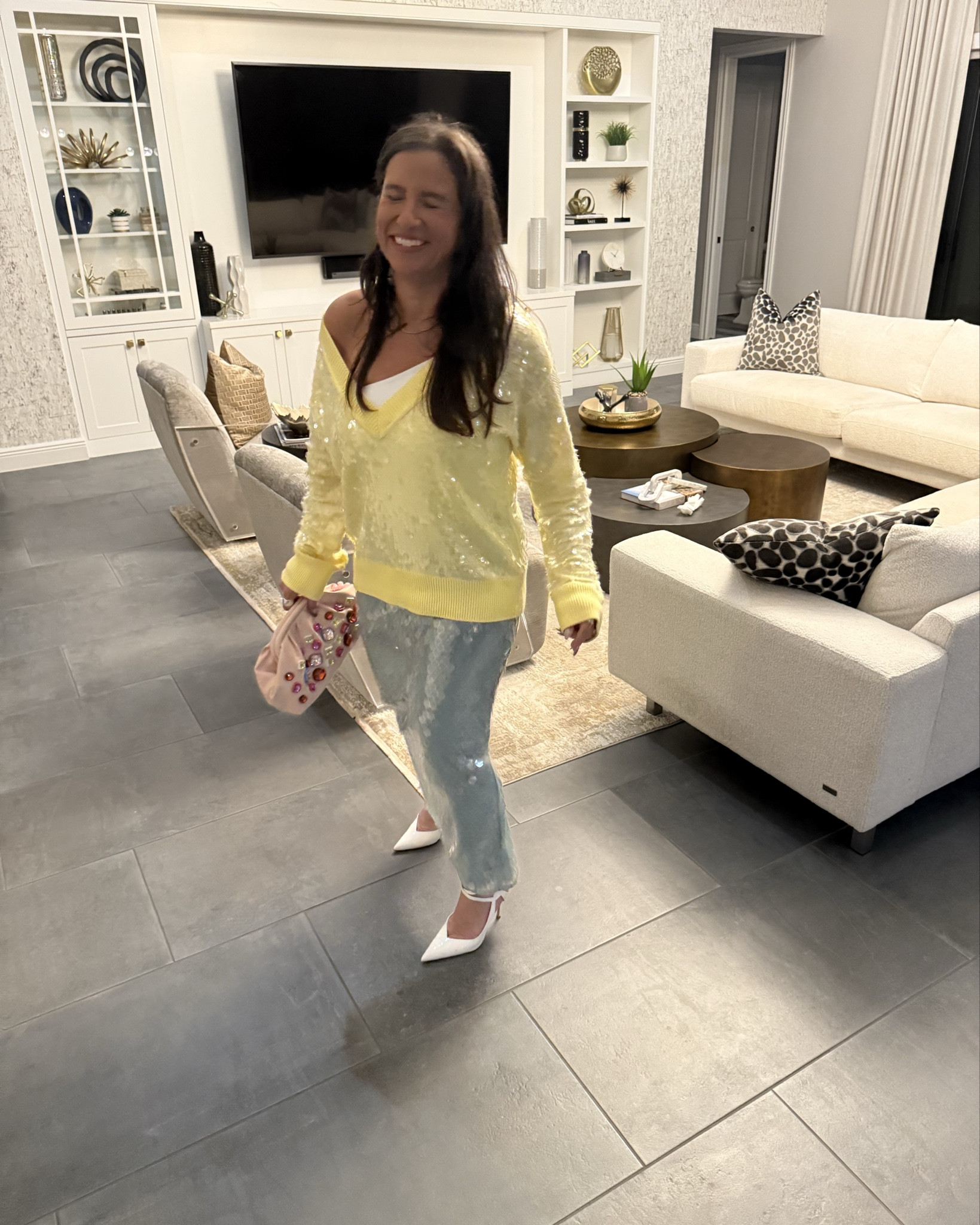Serving sunshine and seafoam 💛✨ Light yellow layers meet aqua sequins for a fresh, playful vibe. Finished it off with crisp white pumps to keep it clean and cool. Shop similar looks here