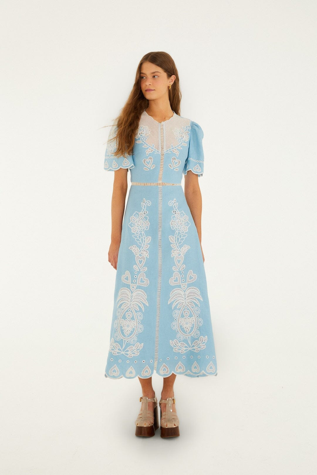 Light Blue Embroidered Euroflax Premium Linene Midi Dress | FARM Rio | FarmRio (US)