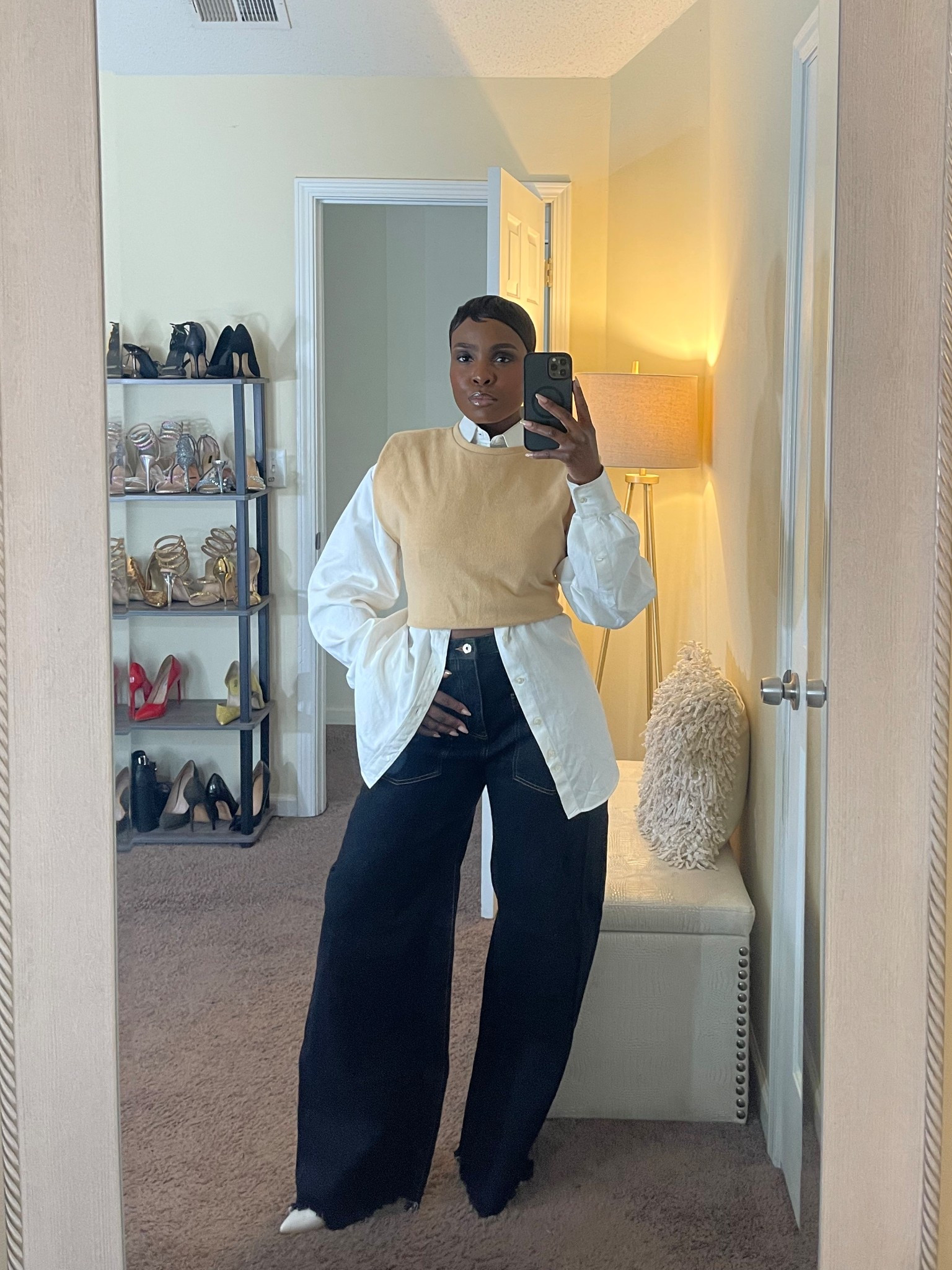 Preppy style, dark wash jeans, preppy fashion, white blouse, pixie cut, layering for fall, Black Denim Boyfriend Jeans in Black Marques Almeida, khaki sweater vest 