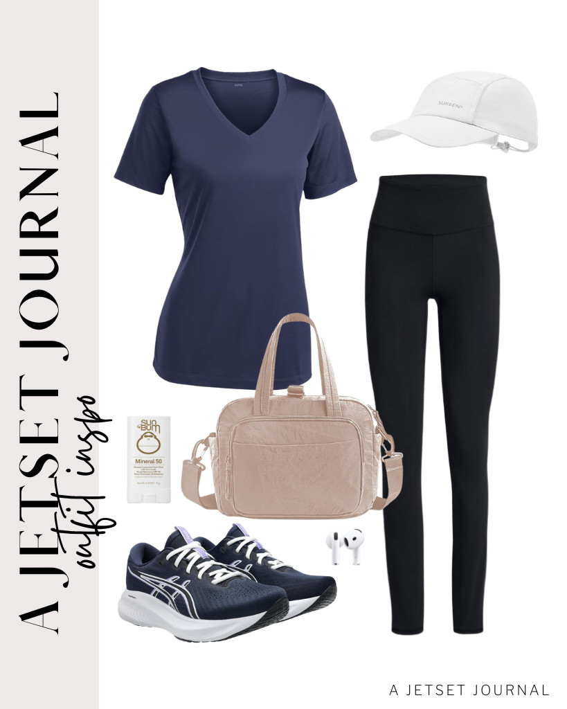 Wear this navy workout top with high-waisted leggings for your next outfit. This mini gym bag and ASICS running shoes are perfect for this look. You can use this Sukeen lightweight running hat on your way to the gym.

#LTKSeasonal #LTKSaleAlert #LTKTravel
 

 