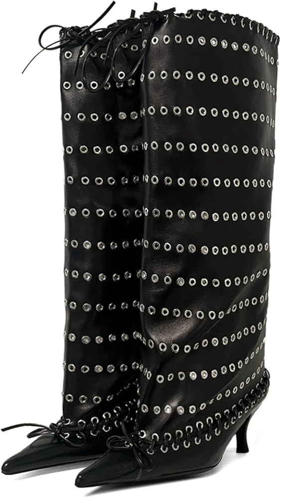 Goolita Metal Eyelets Pointed Toe Wide Calf Knee High Boots For Women Kitten Heel Lace Up Bow Pul... | Amazon (US)