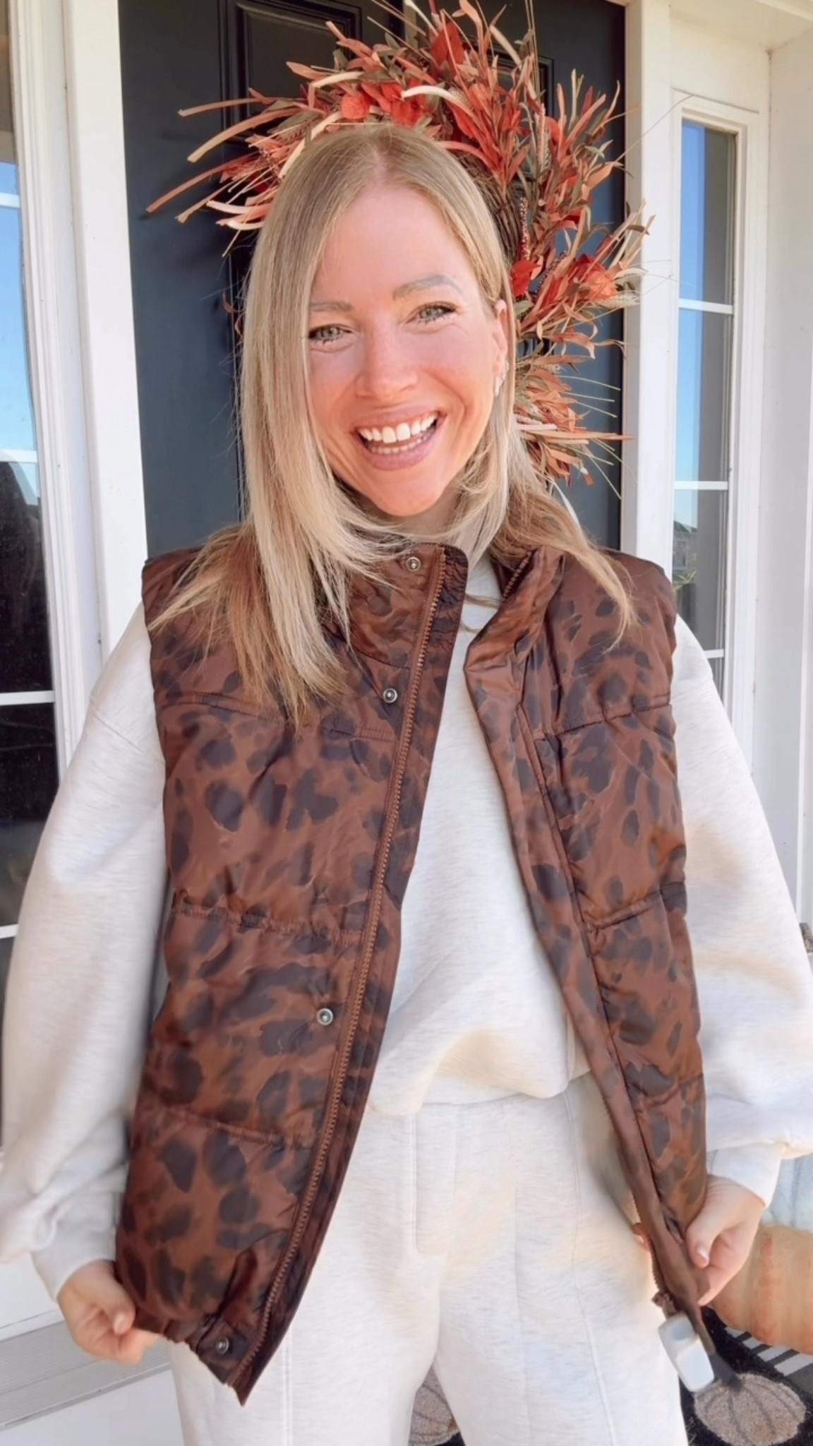 Old navy leopard puffer vest 

Wearing my true size small 