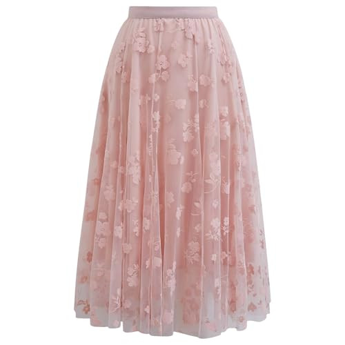 CHICWISH Women Tulle Skirt 3D Posy Midi Long Fairy Skirt Tutu A-Line High Elastic Waist Mesh Double-Layered Skirt Pink | Amazon (US)