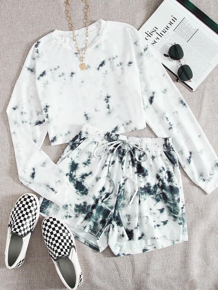 Tie Dye Top & Tie Waist Shorts Set | SHEIN