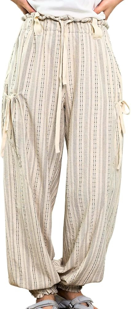 Women Drawstring Striped Pants Loose Wide Leg Casual Lounge Pants with Pockets | Amazon (US)